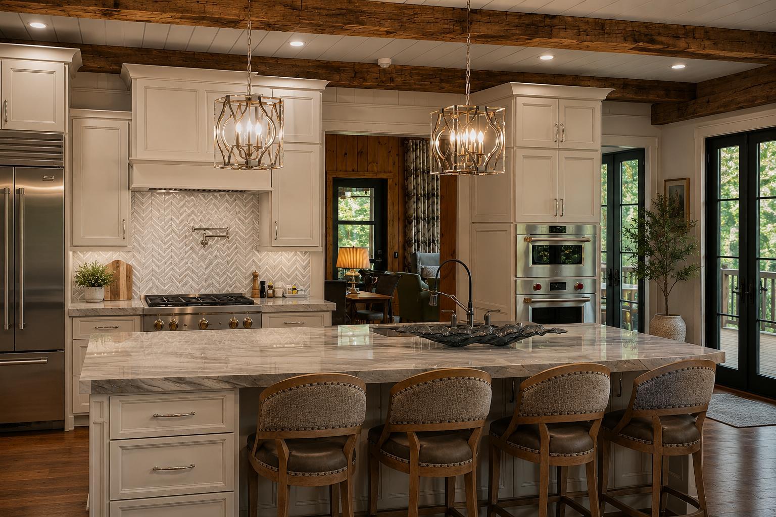 Kitchen with exposed reclaimed ceiling beams, cream inset cabinetry and a marble-topped island.
